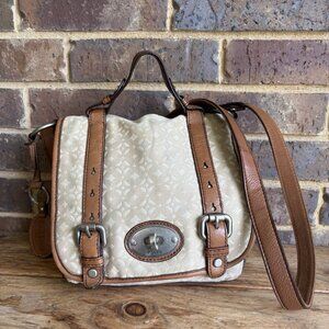 Fossil Canvas Messenger Crossbody Purse Satchel Beige Tan Canvas Key Hole Charm